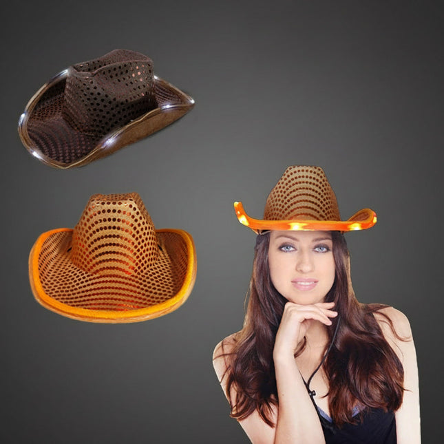 LED Light Up Flashing Sequin Orange & Brown Cowboy Hat - Pack of 2 Hats