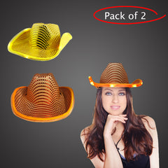 LED Light Up Flashing Sequin Orange & Gold Cowboy Hat - Pack of 2 Hats