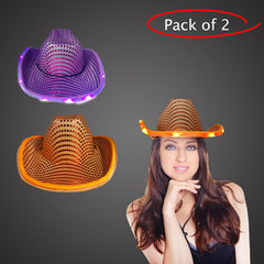 LED Light Up Flashing Sequin Orange & Purple Cowboy Hat - Pack of 2 Hats