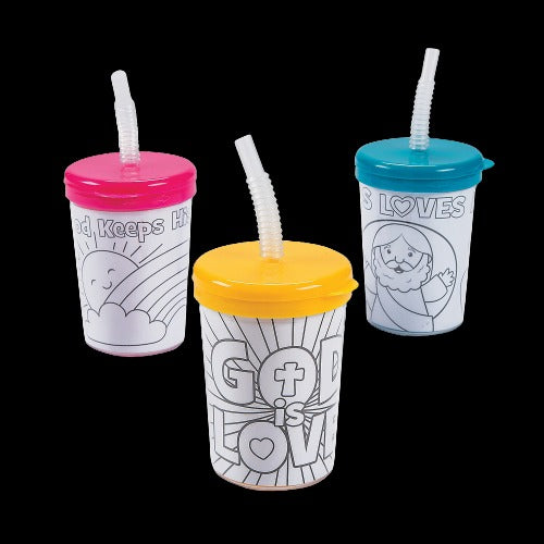 6 Oz Color Your Own Religious Cups with Lids & Straws