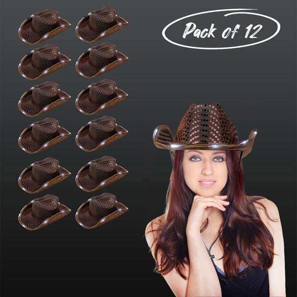 LED Light Up Flashing Sequin Brown Cowboy Hat - Pack of 12 Hats