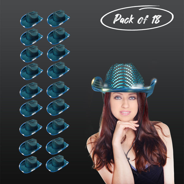 LED Light Up Flashing Sequin Teal Cowboy Hat - Pack of 18 Hats
