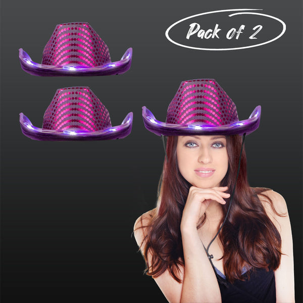 LED Flashing Purple Cowboy Hat With Sequins Pack of 2