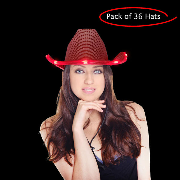 LED Light Up Flashing Sequin Red Cowboy Hat - Pack of 36 Hats