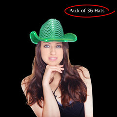 LED Light Up Flashing Sequin Green Cowboy Hat - Pack of 36 Hats