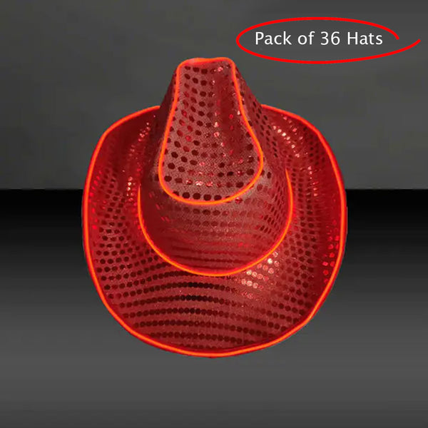 LED Flashing Red EL Wire Sequin Cowboy Party Hat - Pack of 36 Hats