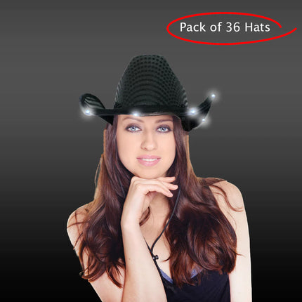 LED Light Up Flashing Sequin Black Cowboy Hats - Pack of 36 Hats