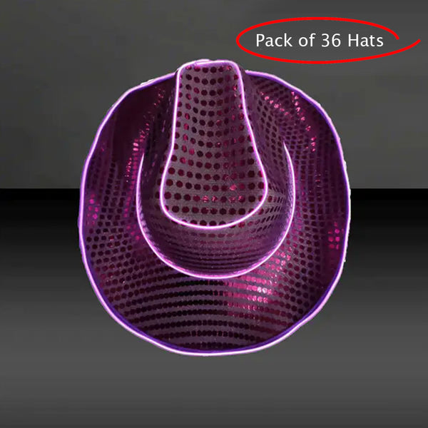 LED Flashing Purple EL Wire Sequin Cowboy Party Hat - Pack of 36 Hats