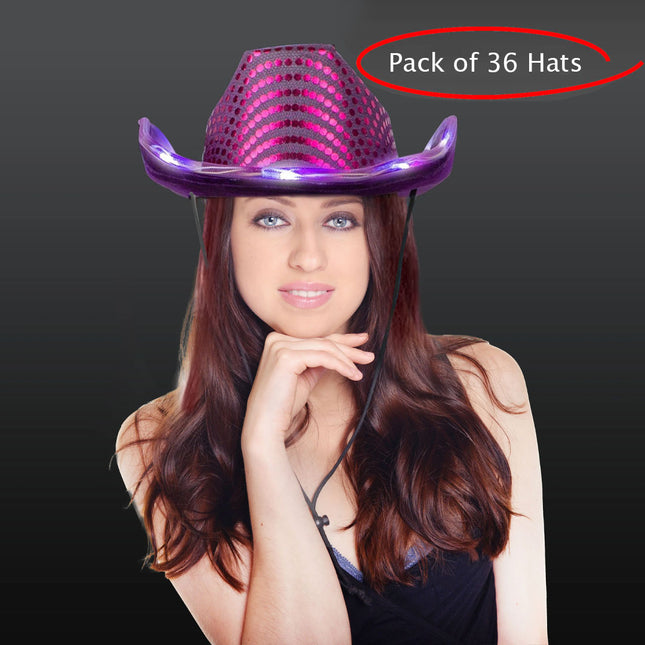 LED Light Up Flashing Sequin Purple Cowboy Hat - Pack of 36 Hats