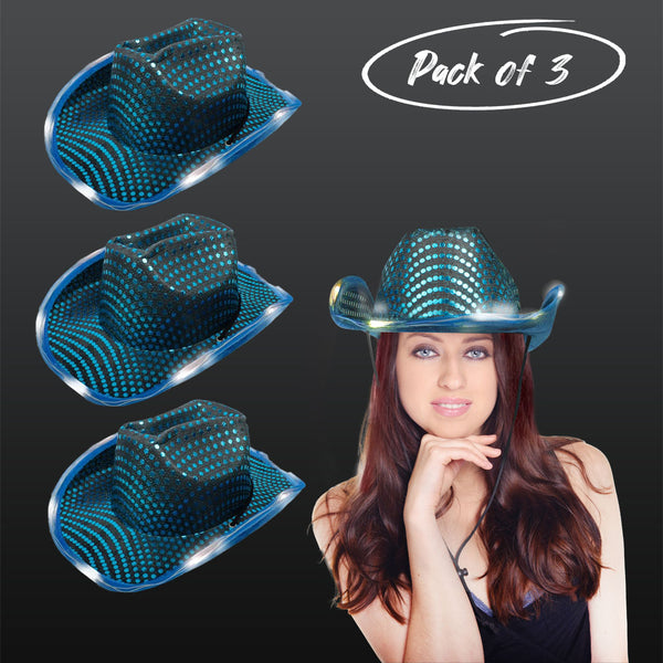 LED Light Up Flashing Sequin Teal Cowboy Hat - Pack of 3 Hats