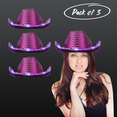 LED Light Up Flashing Sequin Purple Cowboy Hat - Pack of 3 Hats