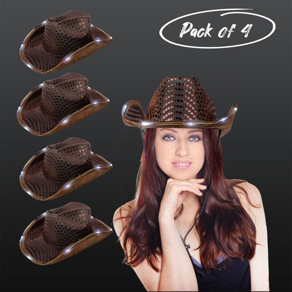 LED Light Up Flashing Sequin Brown Cowboy Hat - Pack of 4 Hats