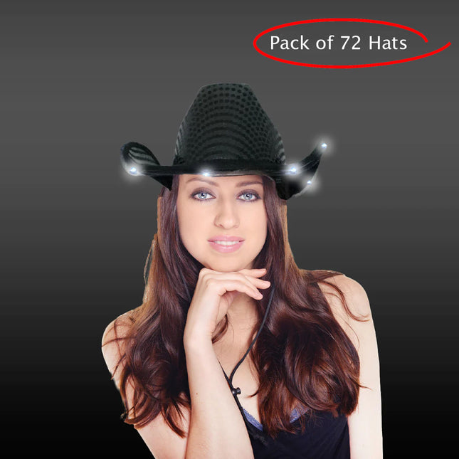 LED Light Up Flashing Sequin Black Cowboy Hat - Pack of 72 Hats