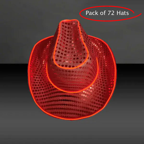 LED Flashing Neon Red EL Wire Sequin Cowboy Party Hat - Pack of 72 Hats