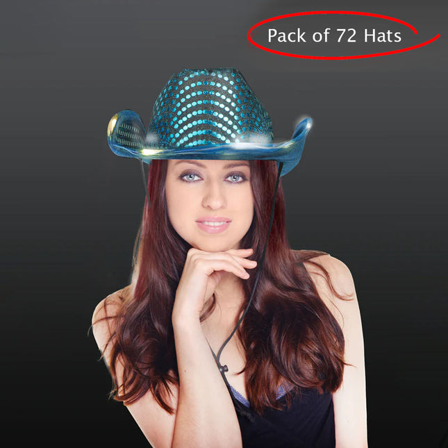 LED Light Up Flashing Sequin Teal Cowboy Hat - Pack of 72 Hats