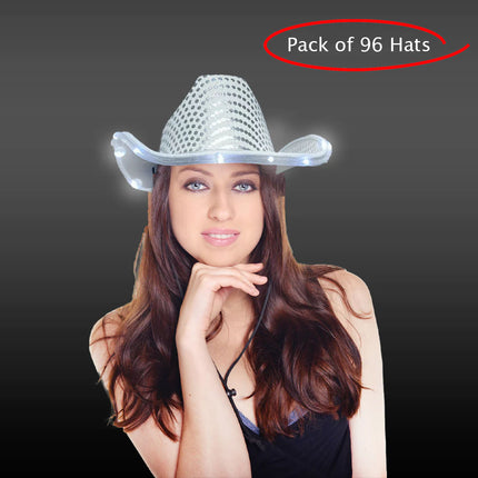 LED Light Up Flashing Sequin White Cowboy Hat - Pack of 96 Hats