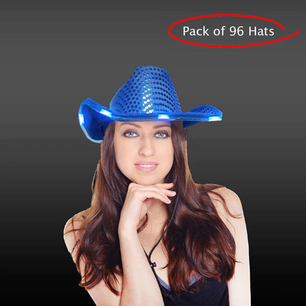 LED Light Up Flashing Sequin Blue Cowboy Hat - Pack of 96 Hats