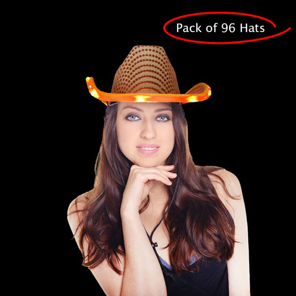 LED Light Up Flashing Sequin Orange Cowboy Hat - Pack of 96 Hats