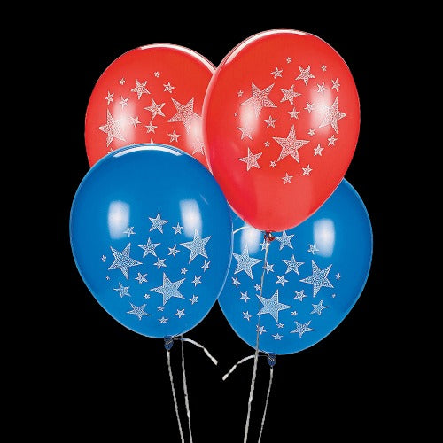 Patriotic Red & Blue 11 Latex Balloons With White Stars Print