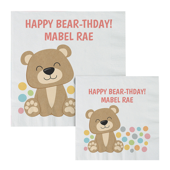 Personalized 1st Birthday Girl Teddy Bear Beverage Napkins