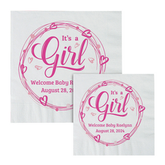 Personalized Its a Girl Pink Heart Beverage Napkins