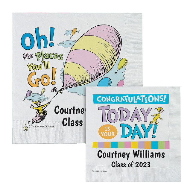 Personalized Whimsical Striped Christmas Oh, the Places You'll Go Beverage Napkins