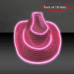 LED Flashing Neon Pink EL Wire Sequin Cowboy Party Hat - Pack of 18 Hats