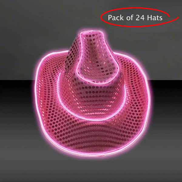 LED Flashing Pink EL Wire Sequin Cowboy Party Hat - Pack of 24 Hats