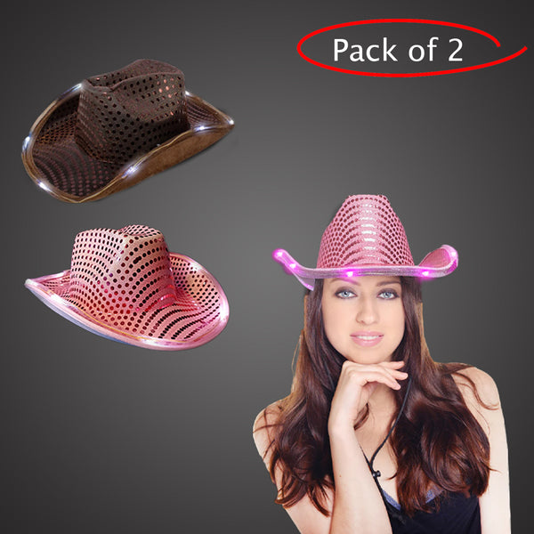 LED Light Up Flashing Sequin Pink & Brown Cowboy Hat - Pack of 2 Hats