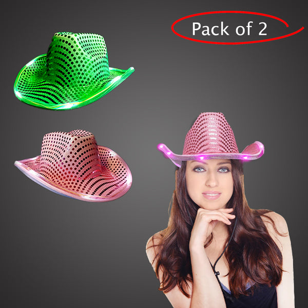 LED Light Up Flashing Sequin Pink & Green Cowboy Hat - Pack of 2 Hats