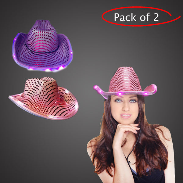 LED Light Up Flashing Sequin Pink & Purple Cowboy Hat - Pack of 2 Hats
