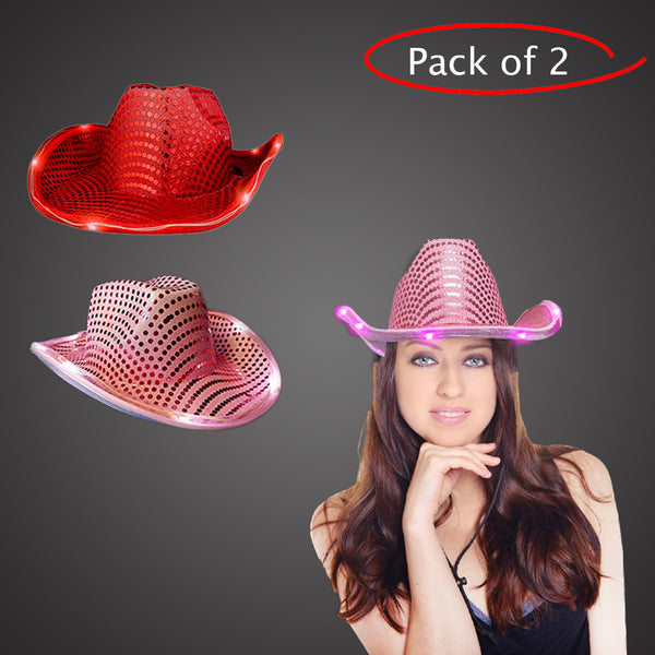 LED Light Up Flashing Sequin Pink & Red Cowboy Hat - Pack of 2 Hats