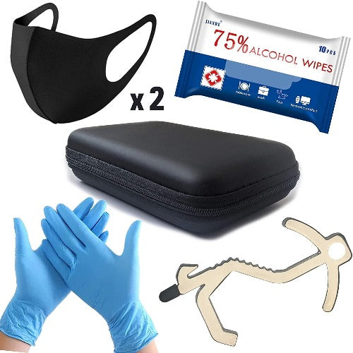 PPE Travel Kit with 2 Washable Face Masks, Nitrile Gloves, 10 Alcohol Moist Towelettes, No Touch Door Opener Tool, Waterproof Case