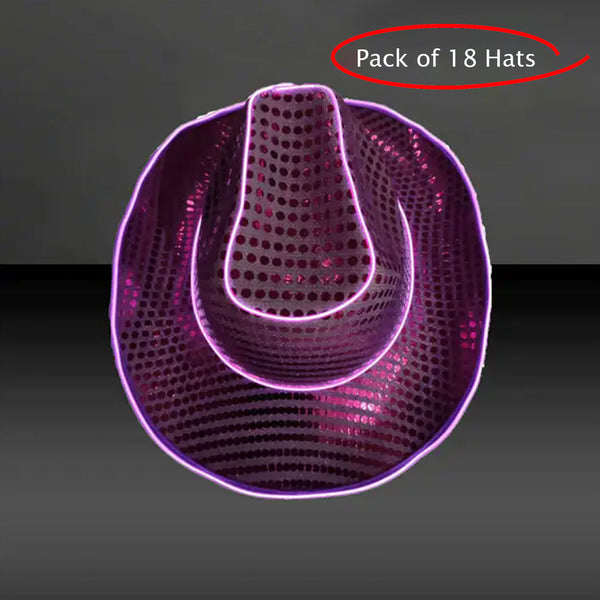 LED Flashing Purple EL Wire Sequin Cowboy Party Hat - Pack of 18 Hats