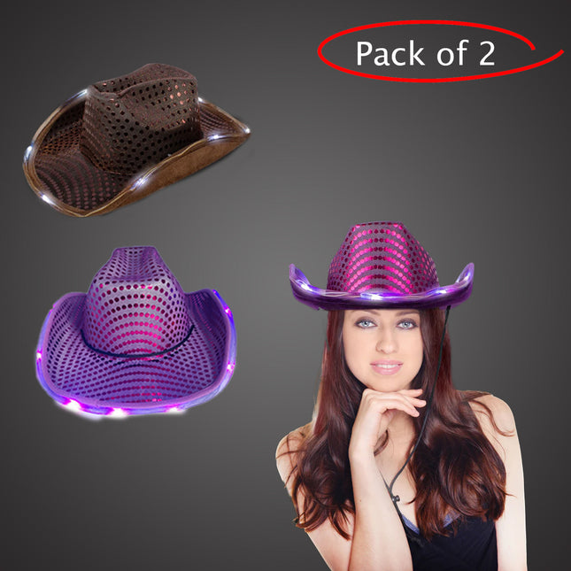 LED Light Up Flashing Sequin Purple & Brown Cowboy Hat - Pack of 2 Hats