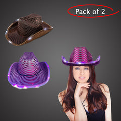 LED Light Up Flashing Sequin Purple & Brown Cowboy Hat - Pack of 2 Hats