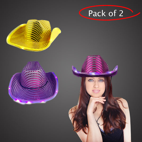LED Light Up Flashing Sequin Purple & Gold Cowboy Hat - Pack of 2 Hats