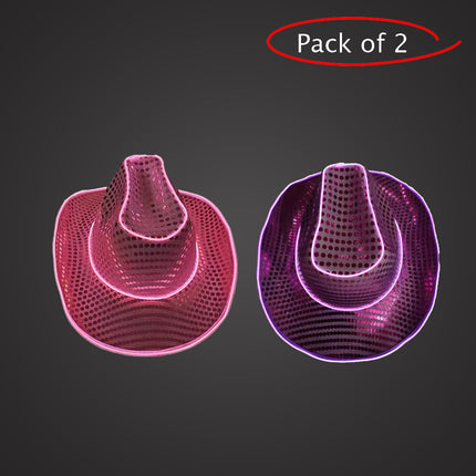 LED Light Up Flashing EL Wire Sequin Pink & Purple Cowboy Party Hat - Pack of 2 Hats
