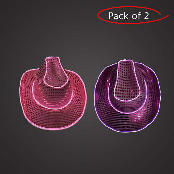 LED Light Up Flashing Neon EL Wire Sequin Pink & Purple Cowboy Party Hat - Pack of 2 Hats