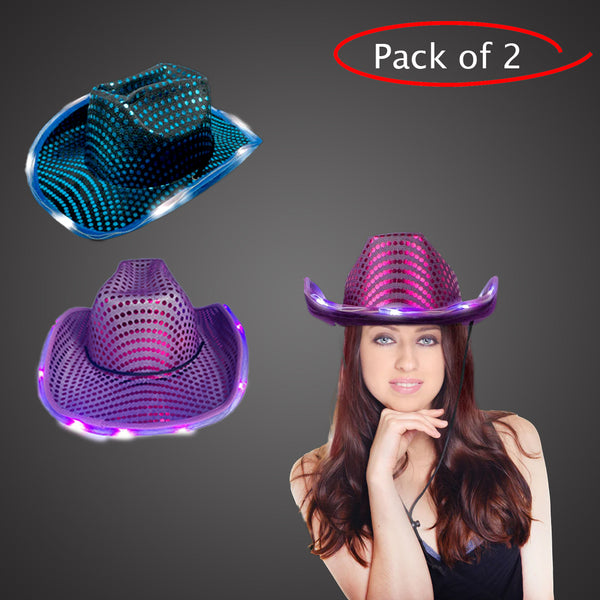 LED Light Up Flashing Sequin Purple & Teal Cowboy Hat - Pack of 2 Hats