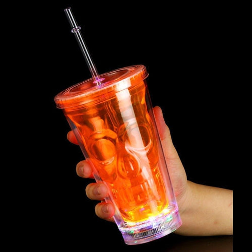 LED Light Up Orange Flashing Double Walled Skull Tumbler With Lid And Straw