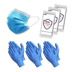 Personal Protection Kit - 3 Ply Mask, 3 Sets of Heavy Duty Nitrile Gloves, 3 Individual Packed Sanitizing Wipes