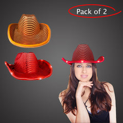 LED Light Up Flashing Sequin Red & Orange Cowboy Hat - Pack of 2 Hats