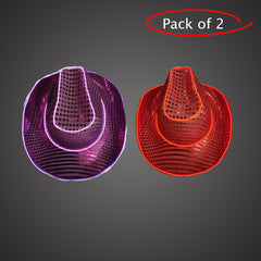 LED Light Up Flashing Neon EL Wire Sequin Red & Purple Cowboy Party Hat - Pack of 2 Hats