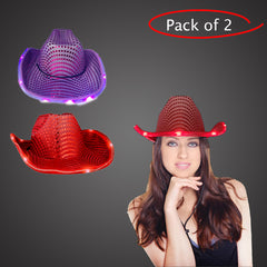 LED Light Up Flashing Sequin Red & Purple Cowboy Hat - Pack of 2 Hats