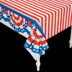 Patriotic Plastic Tablecloth With Red White Stripes & US Flag Print