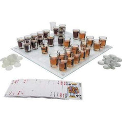 3-in-1 Shot Glass Chess Game Set - Board, Poker Playing Cards & Checkers