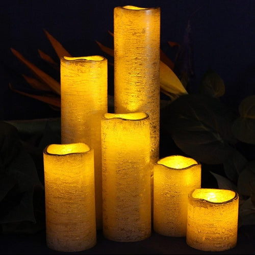 LED Narrow Slim Textured Gold With Amber Yellow Flame Flameless Candles with Timer