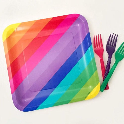 Square Rainbow Party Dinner Plates