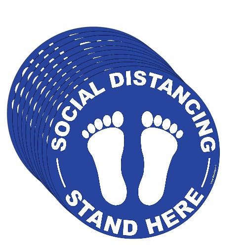 Social Distancing Stand Here Floor Tile Decals - Blue Circle - Pack of 10